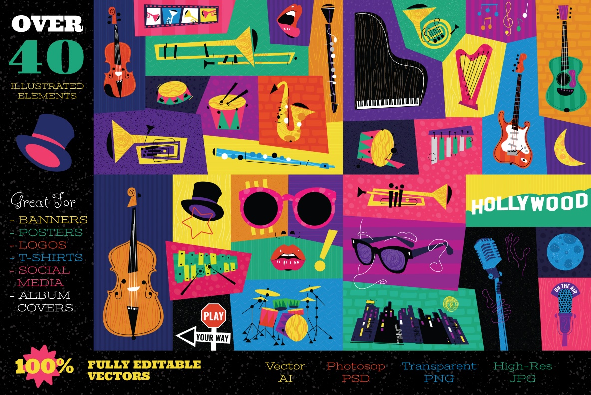 Musical: Design Templates and Illustrations inspired by Classic Hollywood and Cool Jazz
