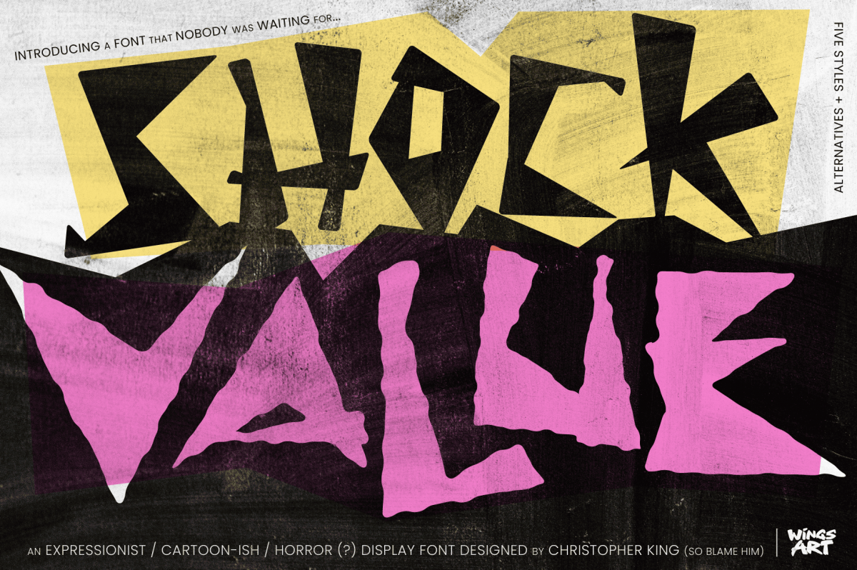 Shock Value - An Expressionist, Cartoon-ish, Horror Display Font by Christopher King at Wingsart Studio