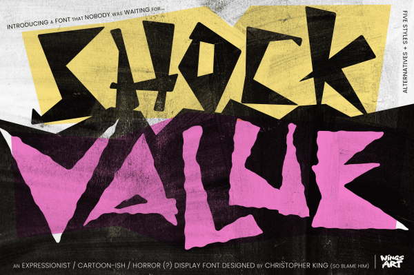 Shock Value - An Expressionist, Cartoon-ish, Horror Display Font by Christopher King at Wingsart Studio